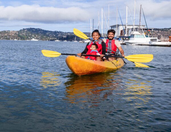 A family enjoying the Take the Kids Kayak Tour with Sea Trek out of Sausalito, California