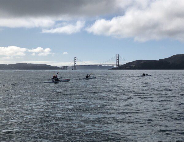 3 kayakers heading out on their Golden Gate Adventure kayaking tour with Sea Trek.