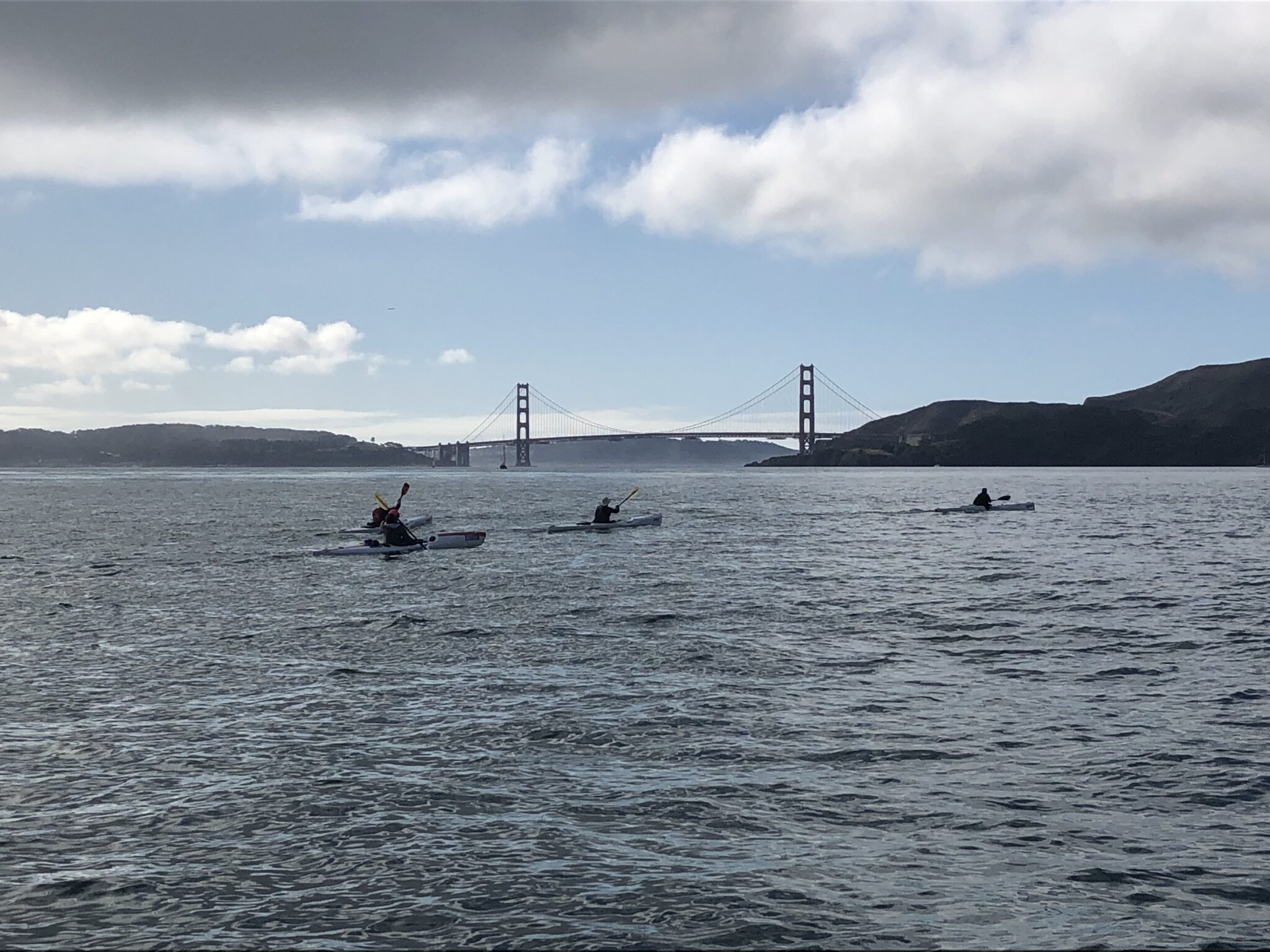 3 kayakers heading out on their Golden Gate Adventure kayaking tour with Sea Trek.